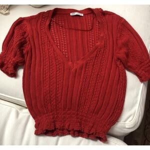 Zara Smooth Knit Cropped Short Sleeve Red Sweater Size Small Preppy Academia